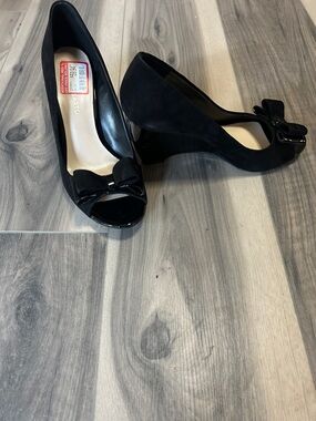 Franco Sarto Black Suede Peep-Toe Wedge Heels with Bow